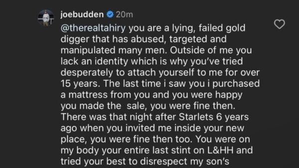 Joe Budden responds to ex girlfriend Tahiry accusing him of abuse today after he called out Diddy attacking Cassie on his podcast