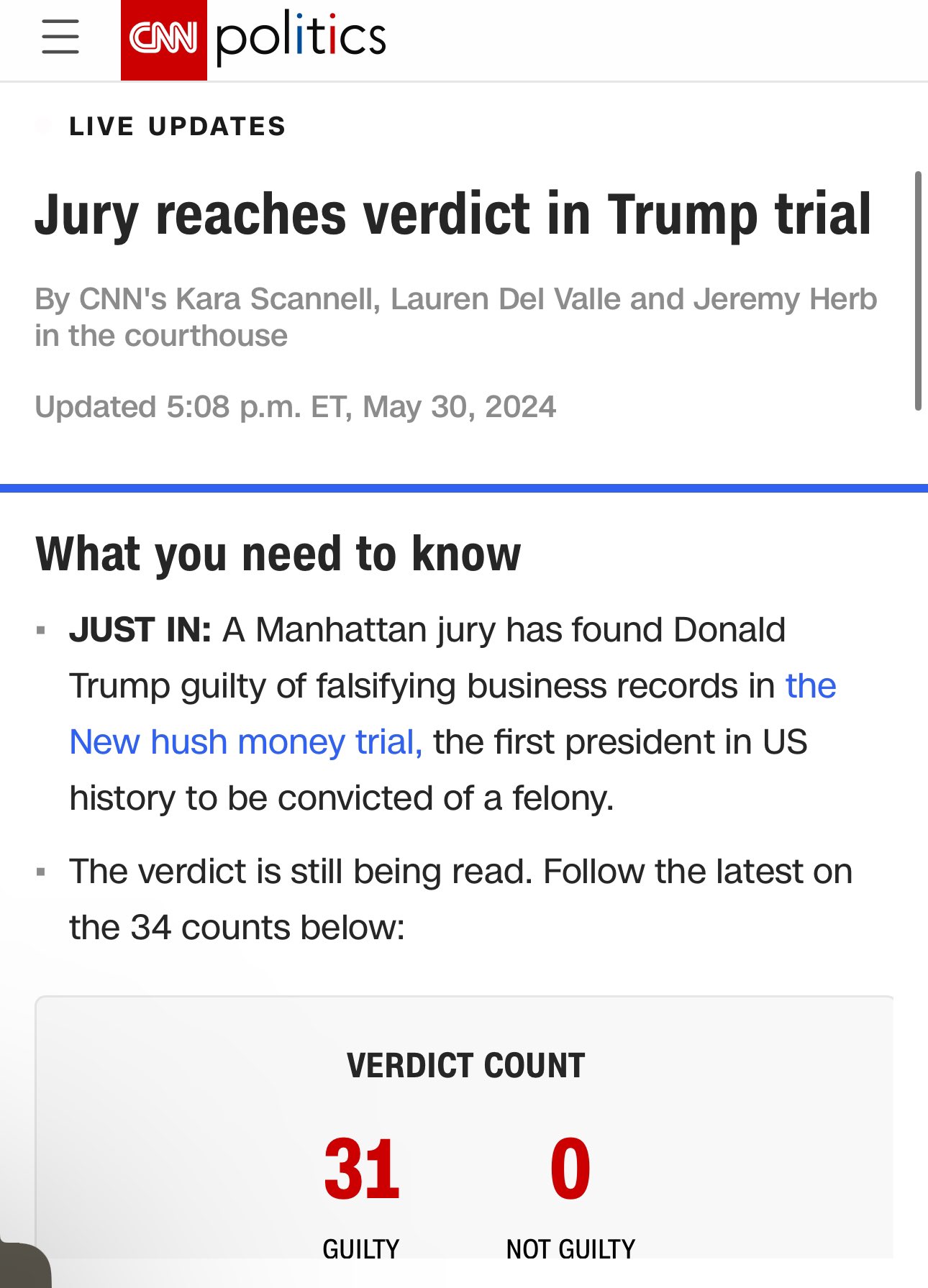 Trump has been found guilty on all 34 counts related to the Stormy Daniels case. He will now have to report to probation.