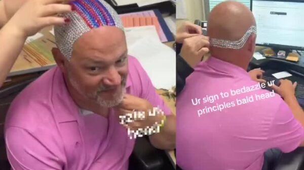 A school principal is going viral after letting students bedazzle his bald head 👀