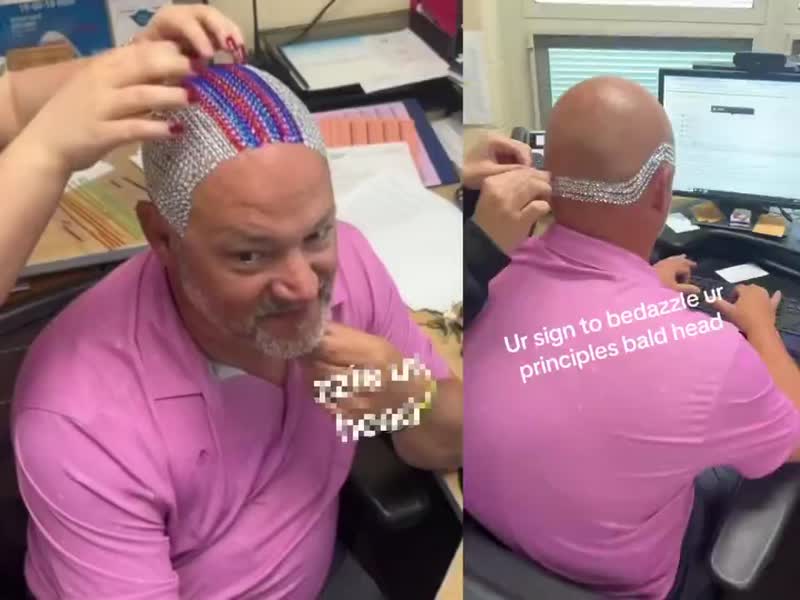 A school principal is going viral after letting students bedazzle his bald head 👀