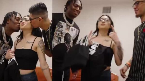 Woman let's her boyfriend and Fredo Bang kiss her at the same time during a Meet And Greet