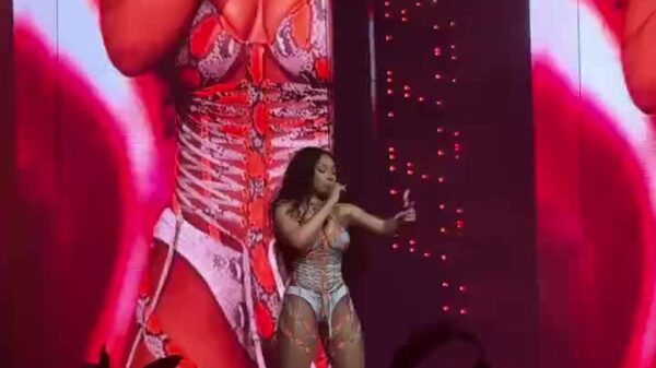 Megan Thee Stallion performing her verse on “Sunday Service (Remix)” at the HotGirlSummerTour in Atlanta