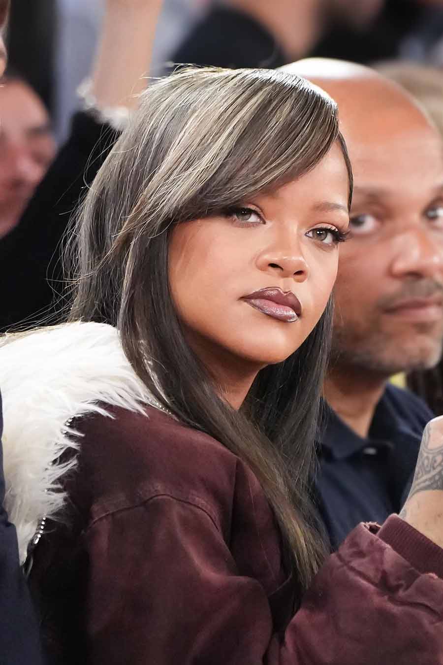 Rihanna switched from natural pixie to a wig with streaky blonde highlights