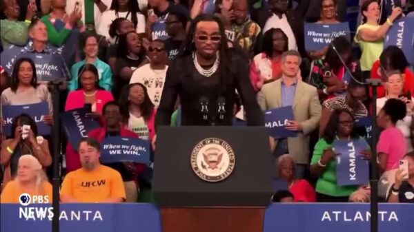 Quavo speaks on raising awareness for gun violence and endorses Kamala Harris for president at her campaign rally in Atlanta