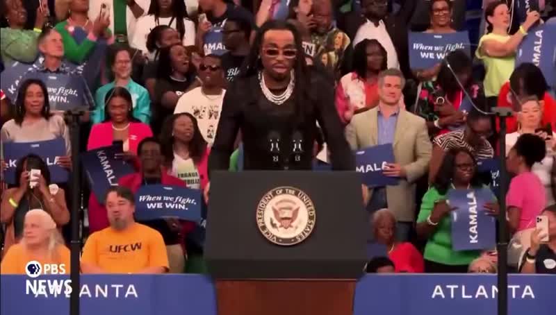 Quavo speaks on raising awareness for gun violence and endorses Kamala Harris for president at her campaign rally in Atlanta