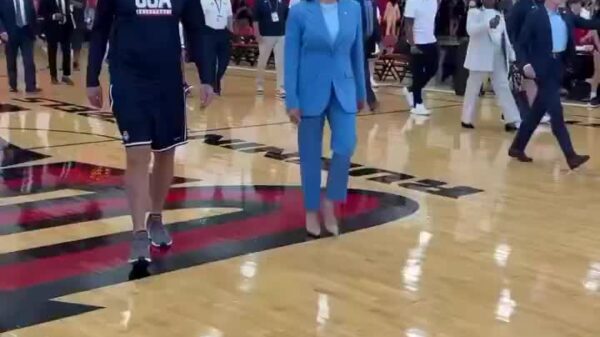 Kamala Harris gives Team USA a pep talk during their training camp in Las Vegas