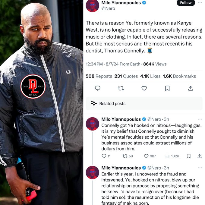 Kanye West’s former Chief Of Staff claims that Kanye is addicted to Nitrous Oxide supplied by his dentist Thomas Connelly. “Connelly got Ye hooked on Nitrous—laughing gas”