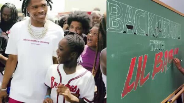 Lil Baby giving back to the community by hosting his annual 'Back 2 School Festival' where he provided school supplies, clothes, shoes, and haircuts for children in Atlanta