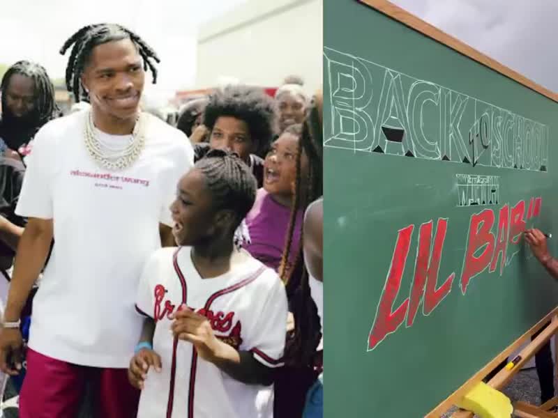 Lil Baby giving back to the community by hosting his annual 'Back 2 School Festival' where he provided school supplies, clothes, shoes, and haircuts for children in Atlanta