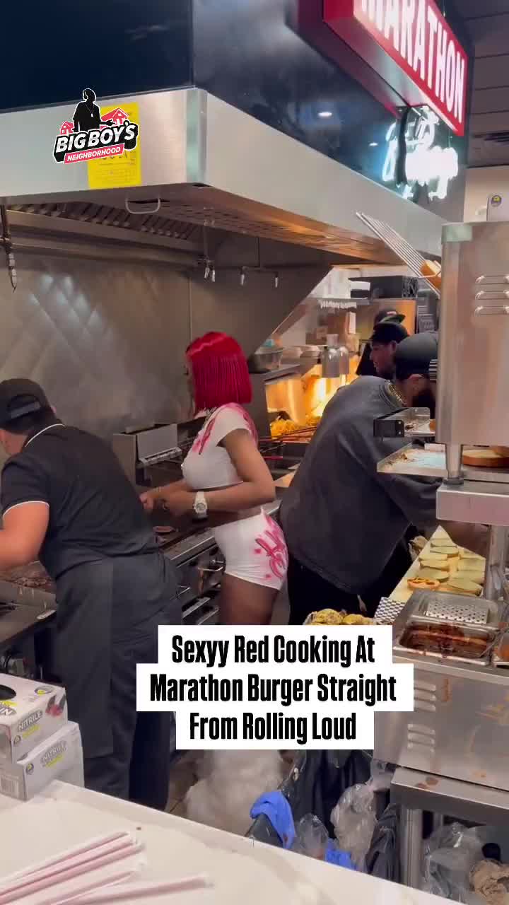 Sexyy Red cooking at Marathon Burger after performing at Rolling Loud